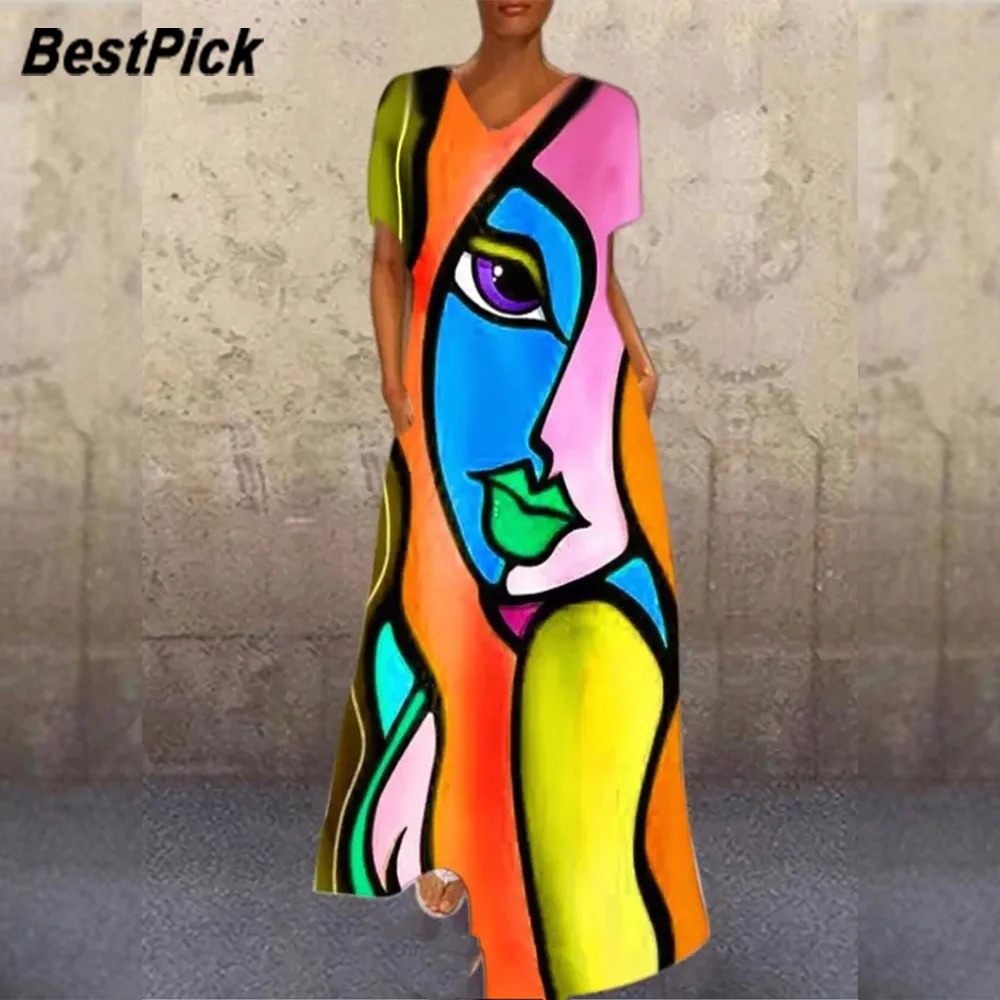 

Женское длинное платье с геометрическим принтом, разноцветное винтажное платье макси с коротким рукавом, V-образным вырезом, 2020