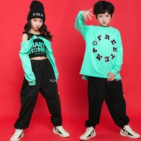 boys hip hop girls off shoulder crop top jogger pant kids sweatshirt clothes sets teen jazz street dance stage dancewear costume