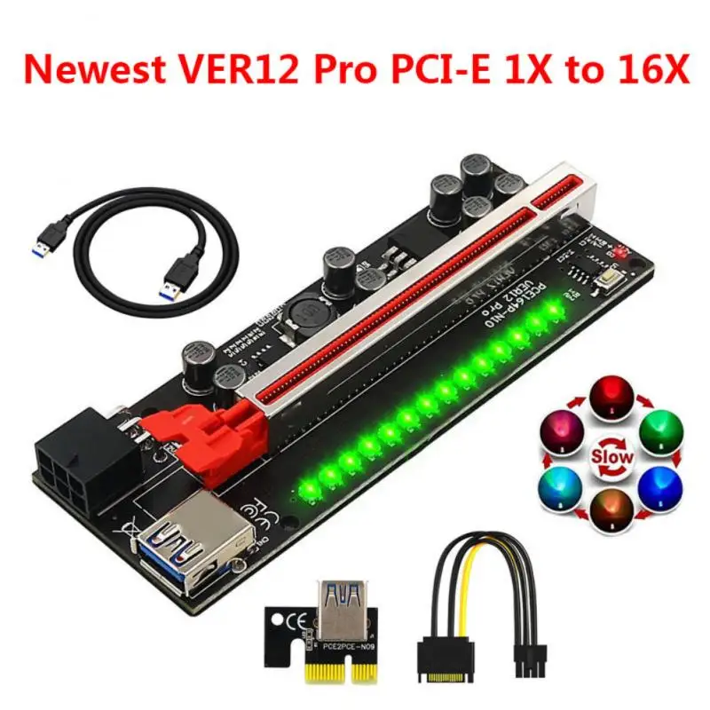 

New PCI-E Pcie Riser VER012 Pro Express 1X 16x Extender PCI E USB Riser VER012 Pro GPU 6Pin Adapter Card SATA For BTC Miner