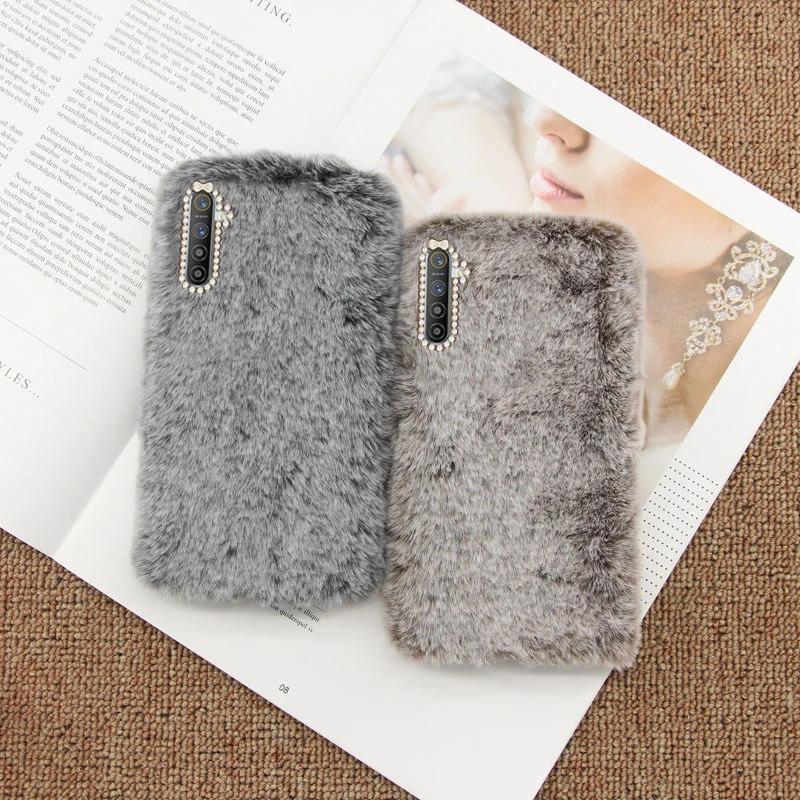 

Realme XT Case Fashion Plush Rabbit fur Winter Keep warm Shiny diamond Silicone shockproof Back Cover For Realme XT Phone Cases