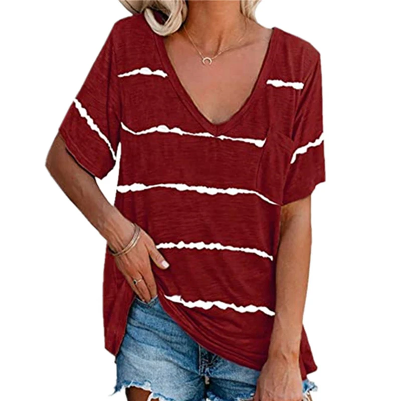 

Women Short-sleeved Shirt Summer Casual T-shirt Tie-dye Stripes V-neck Pockets Loose Multicolor Raglan Sleeves Mid-length Urban