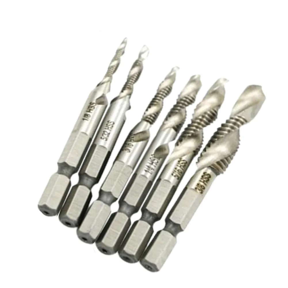 

6Pcs Hexagon Shank Tap Drill Bit 1/8-5/32-3/16-1/4-5/16-3/8inch HSS Tapping Bit Countersunk Deburring Set Thread Drill Tap Tool