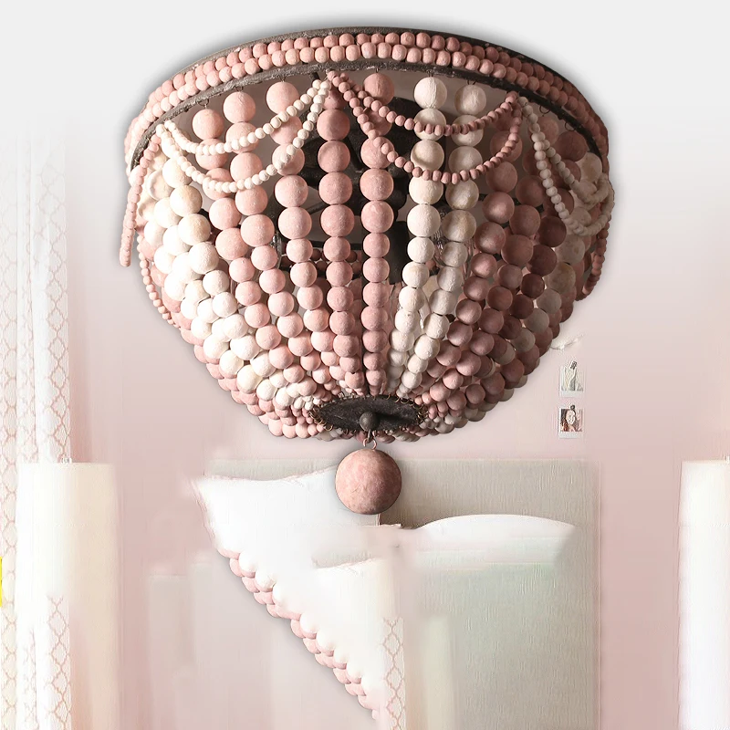 

Vintage pink wood bead ceiling lights white/blue antique wooden ceiling lamp for hallway kitchen girls room french light fixture
