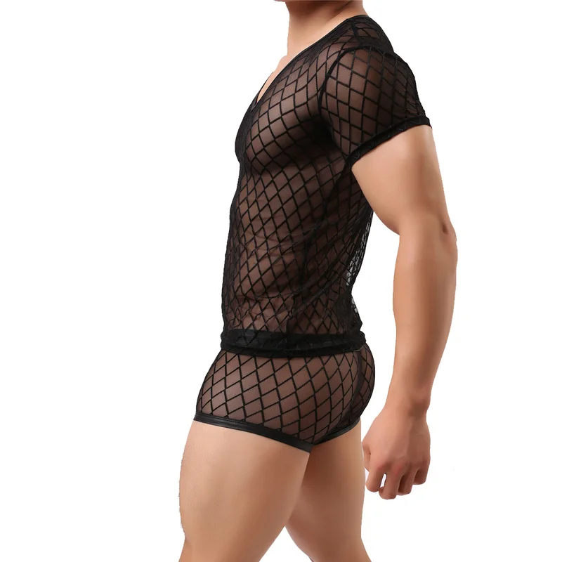 Сексуальное мужское нижнее белье прозрачная сетчатая рубашка с коротким рукавом
