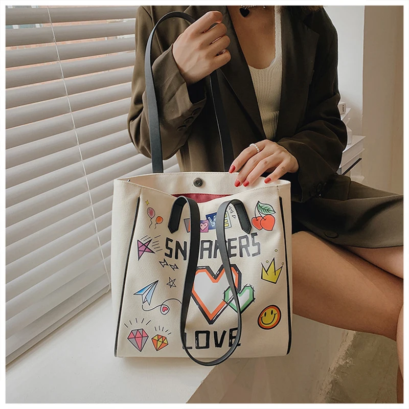 

Graffiti Canvas Tote Bag Stamped Letters Korean Version of Minimalist Crossbody Black Shopper Designer Trendy Lady