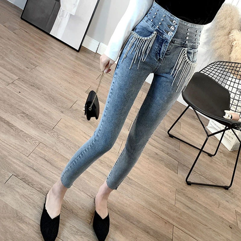 

2020 spring Autumn new fashion heavy industry jeans women tassel diamond pockets high waist slim elastic pencil jeans