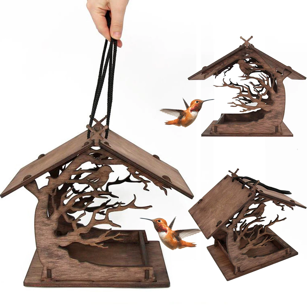 

Rustic Wood Bird Feeder Outdoor Visible Bird Home Garden Window Birdhouse Dispenser Food Container House Bird Feeder Tools