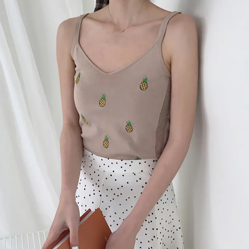 Женский милый тонкий трикотажный топ с вышивкой фруктов топы без рукавов