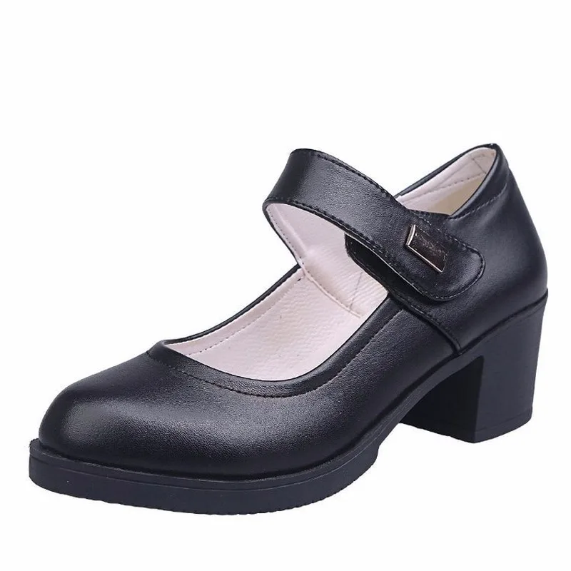 

New style leather shoes round toe shallow mouth thick high heels ladies women's shoes hook and loop solid leather casual shoes