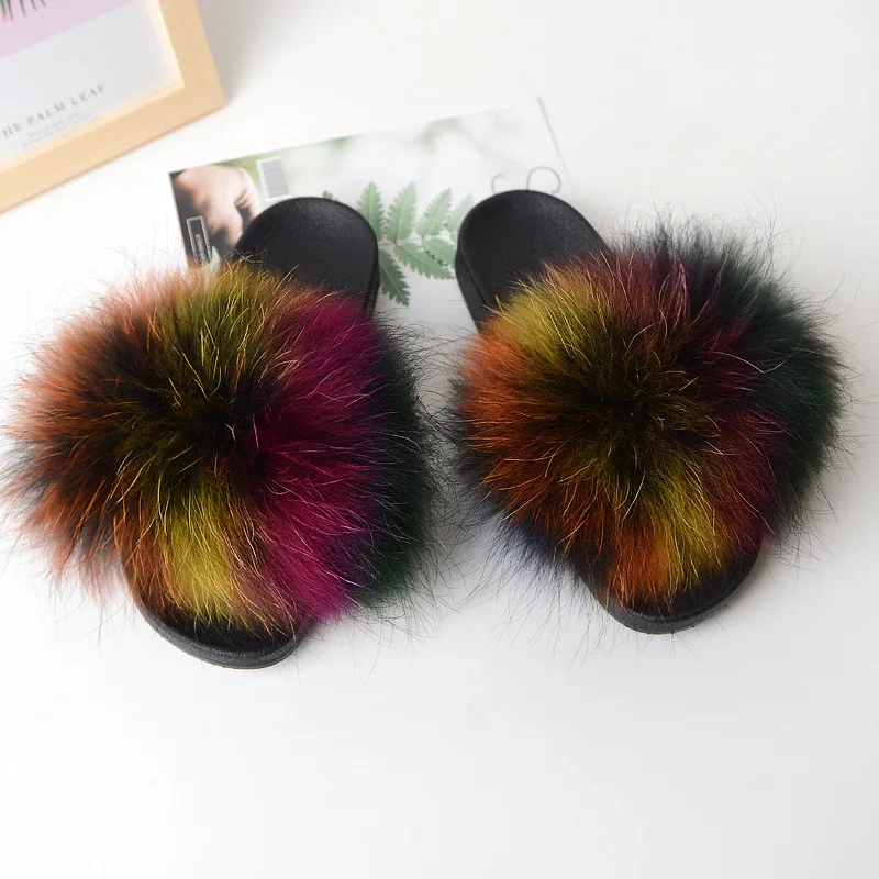 

Women's Real Fox Fur Slippers Plush Women Fluffy Fur Slides Ladies Comfort Furry House Shoes Female Furry Indoor Flip Flops 2020