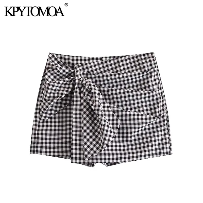 

KPYTOMOA Women 2021 Chic Fashion With Knot Pleated Plaid Shorts Skirts Vintage High Waist Side Zipper Female Skort Mujer