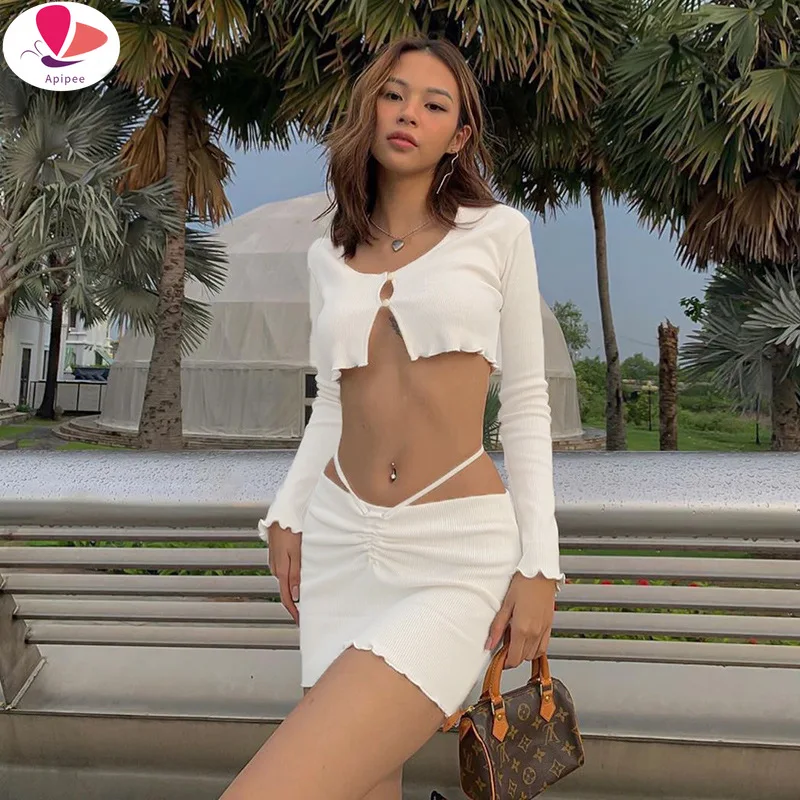 

Женский спортивный костюм из двух предметов, белый бандажный костюм с длинным рукавом и привлекательной юбкой, Осень-зима 2020