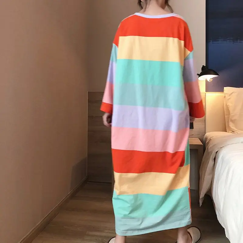 Autumn Winter Ladies Rainbow Striped Loose Long Nightdress Home O Collar Long-sleeved | Женская одежда