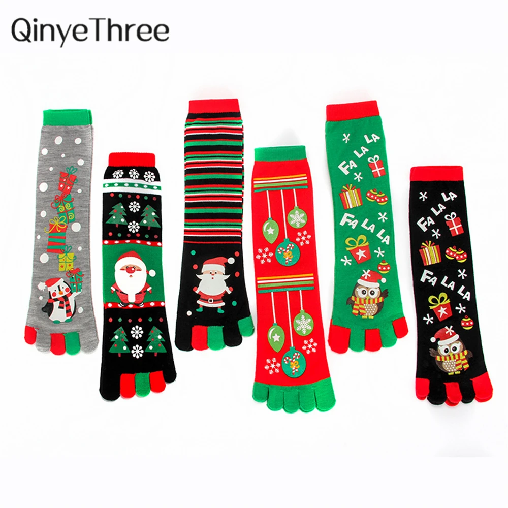 

Новинка женские теплые милые носки с пятью пальцами веселые рождественские носки с забавным принтом Мультяшные олени Снеговик Санты вечев...
