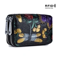 rfid fashion women card holder split leather double zipper card case large capacity 3d flower printed lady women wallets purse