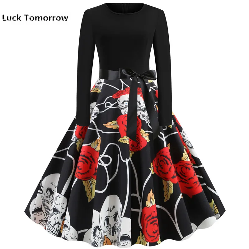 Новые осенние платья женские 2019 плюс размер Хэллоуин вечерние черные с длинным