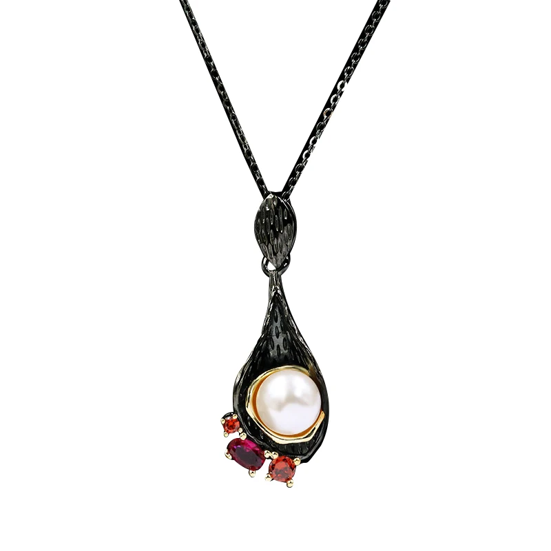 

Ajojewel Vintage Black-gold Women Necklace Luxury Red Zirconia Water Drop Pendant Necklaces Turkish Style Jewelry