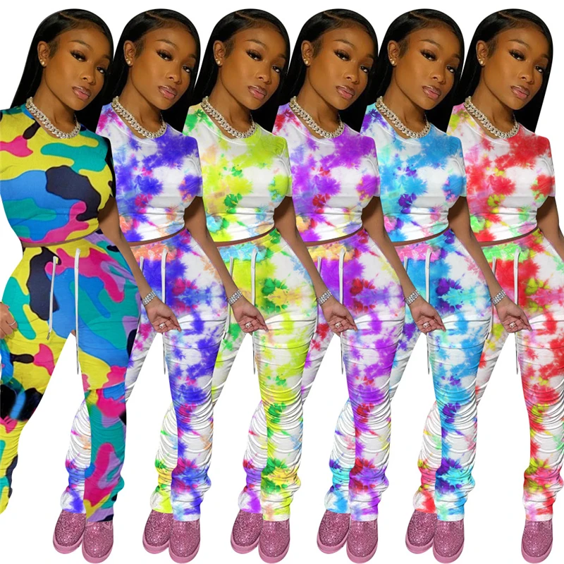

Adogirl Camo Tie Dye Print Casual Two Piece Set Short Sleeve T Shirt Crop Top Pockets Ruched Pants Women Tracksuit Fashion Suit