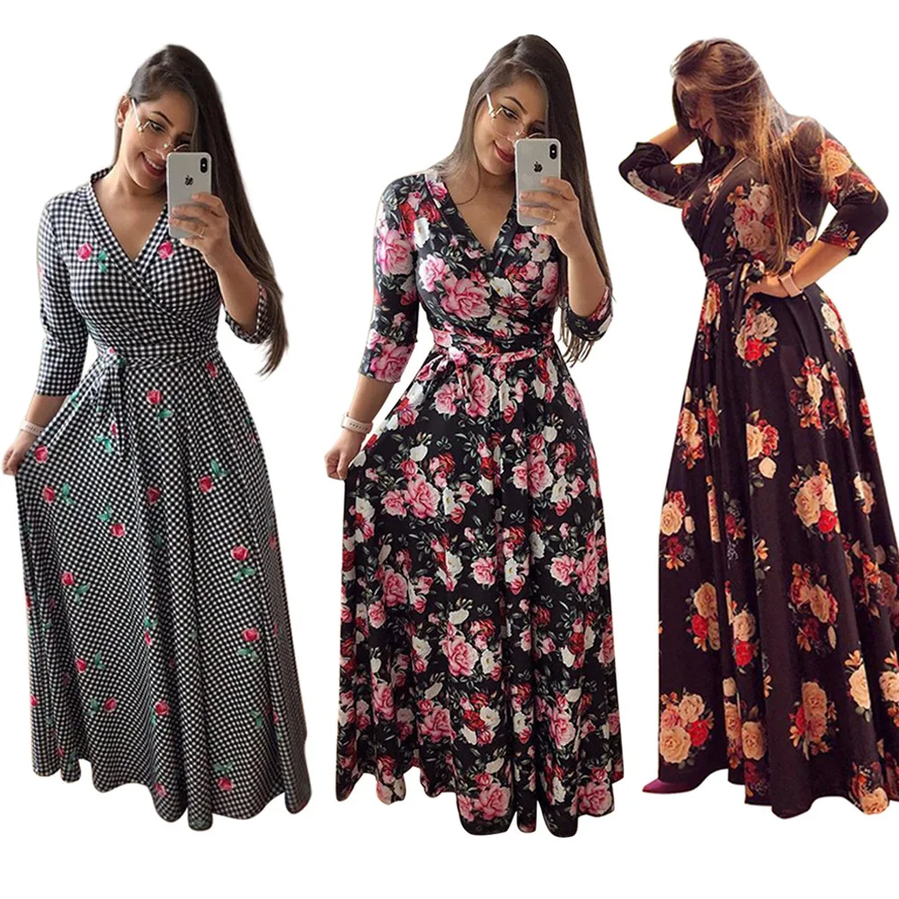 

Women Floral Print Long Dress Autumn Sexy V Neck Pleated Female Casual Retro Maxi Fashion Vestidos Elegant Party Robe Dress