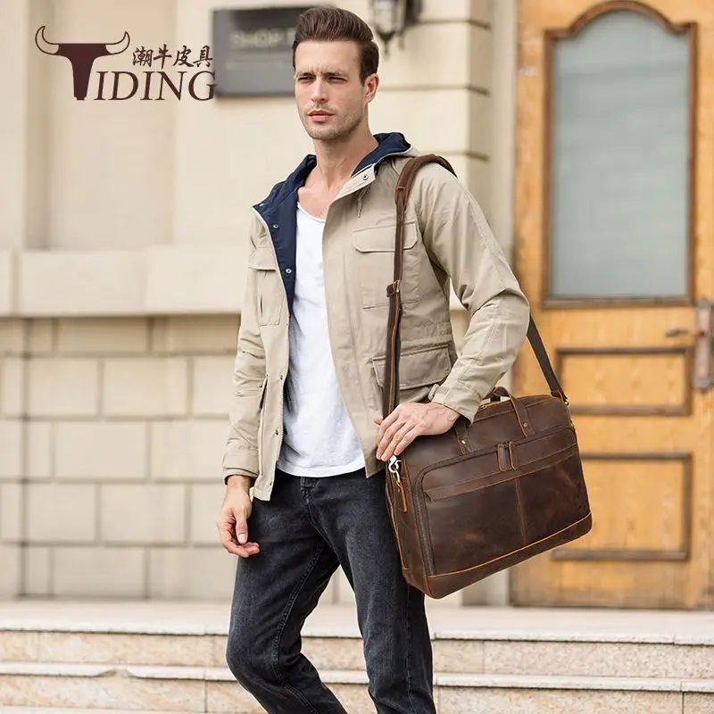 European and American retro leather handbags men's multi-function shoulder diagonal bag large capacity business briefcase men