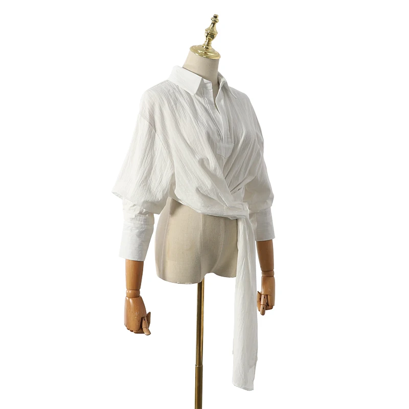 

2020 Summer Women's Asymmetrical Bow Tie Crop Top Clothes Women Cotton Blouse Ladies Lantern Sleeve White Shirt 35.5