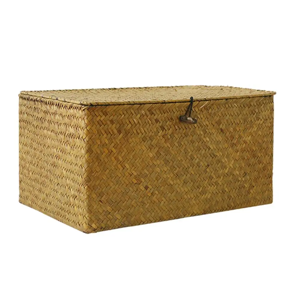 Natural Straw Rectangular Desktop Storage Basket Wire Handles Decor Seagrass Woven Wicker Organizing Shelves | Дом и сад