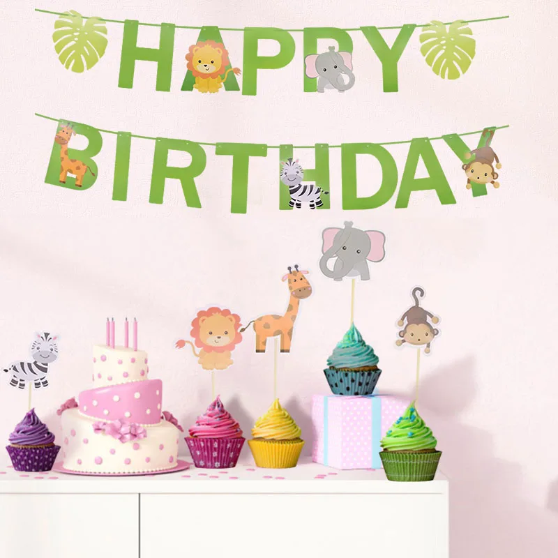 

Happy Birthday Letter Hanging Bunting Banner Animal Shape Cake Topper DIY Birthday Baby Shower Wedding Party Decor Baking Supply