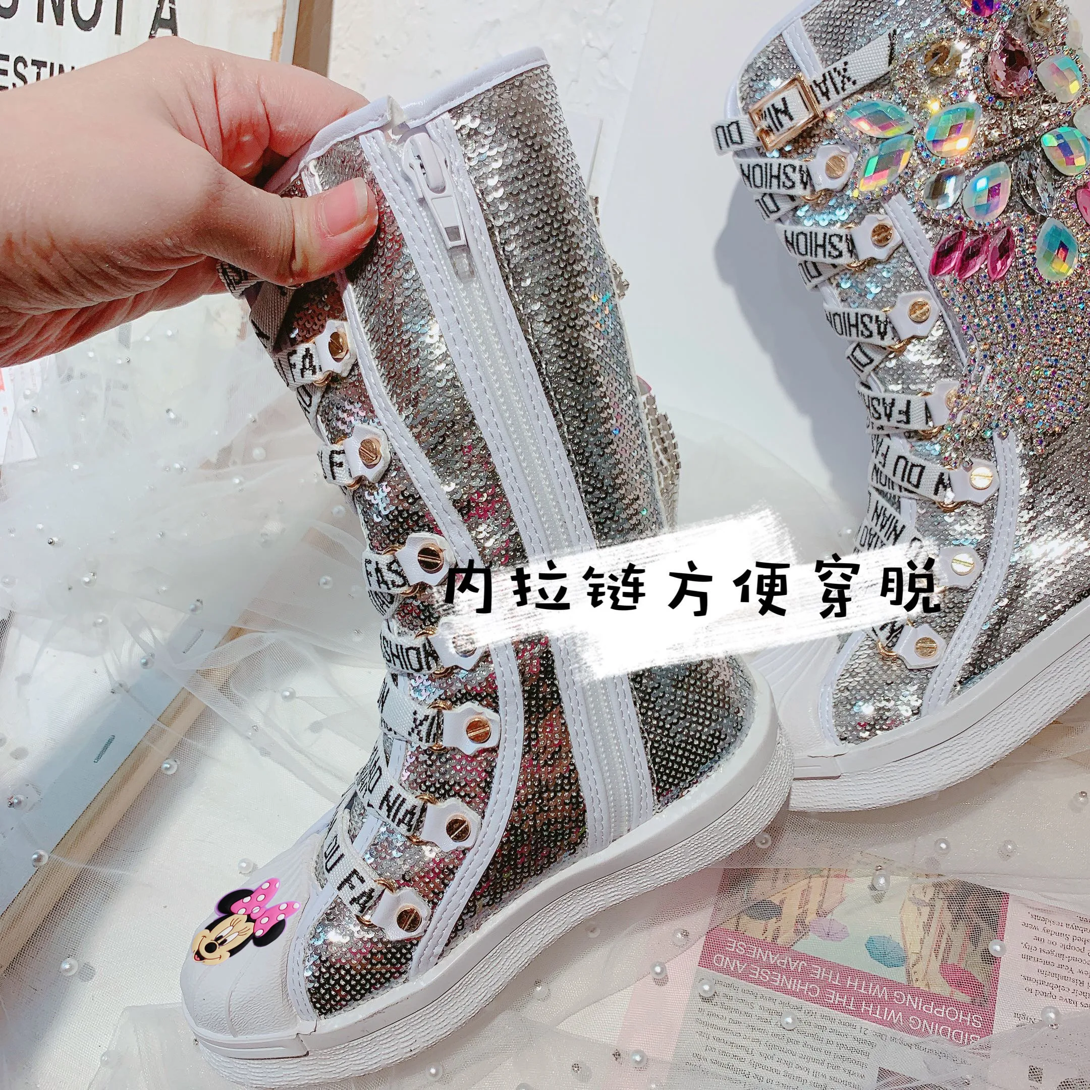 Детские длинные Сапоги Disney с изображением принцессы Минни стразы для танцев и