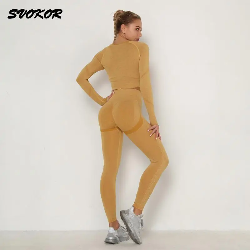 Женский спортивный костюм SVOKOR бесшовный укороченный топ леггинсы с эффектом