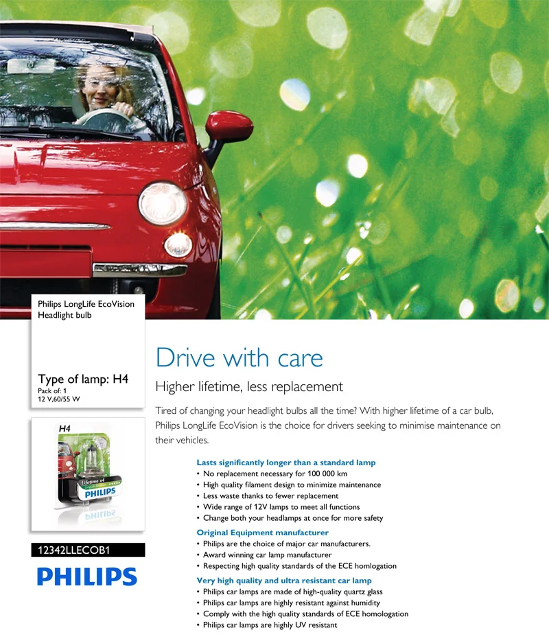 Philips с повышенным сроком службы перспективы эко H4 9003 12V 60/55W P43t 12342LLECOB1 автомобиль галогенная передняя фара Автомобильная лампочка высокой ближнего и дальнего света, 1X