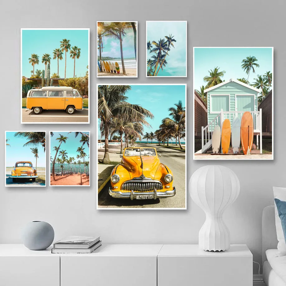 

Retro Car Coconut Tree Surfboard Starfish Wall Art Canvas Painting Nordic Posters And Prints Wall Pictures For Living Room Decor