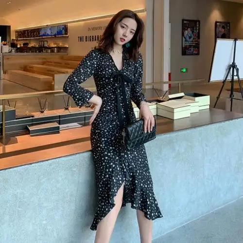 

Loose 2019 Casual 2019 Women Dresses Brief V Neck Irregular Summer Dress Bow Fashion Korean Mid-calf Vintage Dresses
