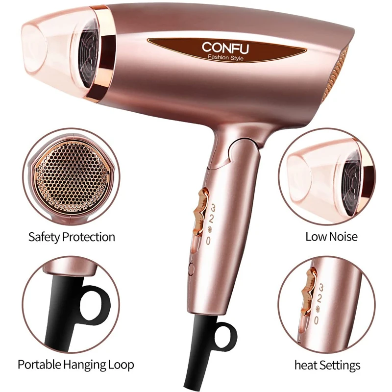 

CONFU Portable Folding Ionic Hair Dryer 1600/1800W Fast Drying Blowdryer Low Noise Hairdryer 3 Heat Setting for Hotel Travel