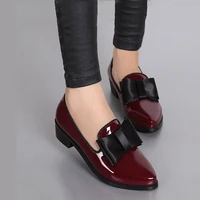 new women pumps fashion bowknot shiny leather block chunky low heels single shoes woman pointed toe mujer shoes woman