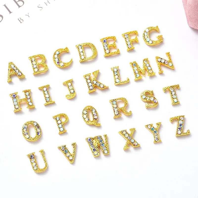 

26 pcs/pack Gold Color Alloy A-Z English letters AB Rhinestones 3D Nail Art Decorations Charm Jewelry Manicure Accessories