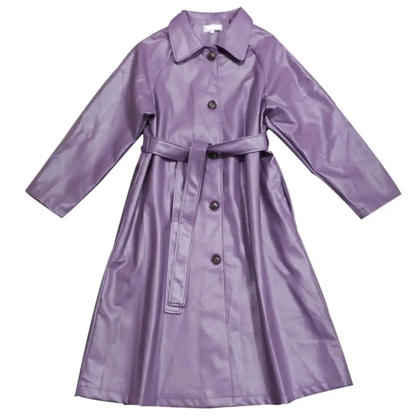 Женский однобортный Тренч из искусственной кожи Длинная ветровка фиолетового