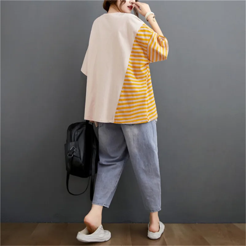 

BIG SIZE 4XL Summer Women Fashion Elegant Stripe Spliced Tops Ladies Female Plus Large Short Sleeve Cotton Loose T shirt