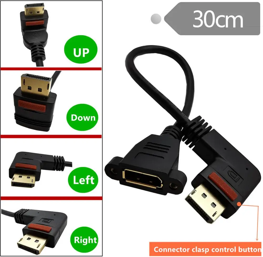 

Gold DisplayPort Male 90° angle with Connector clasp control button to Femalepanel mount Extension Cable 0.3m