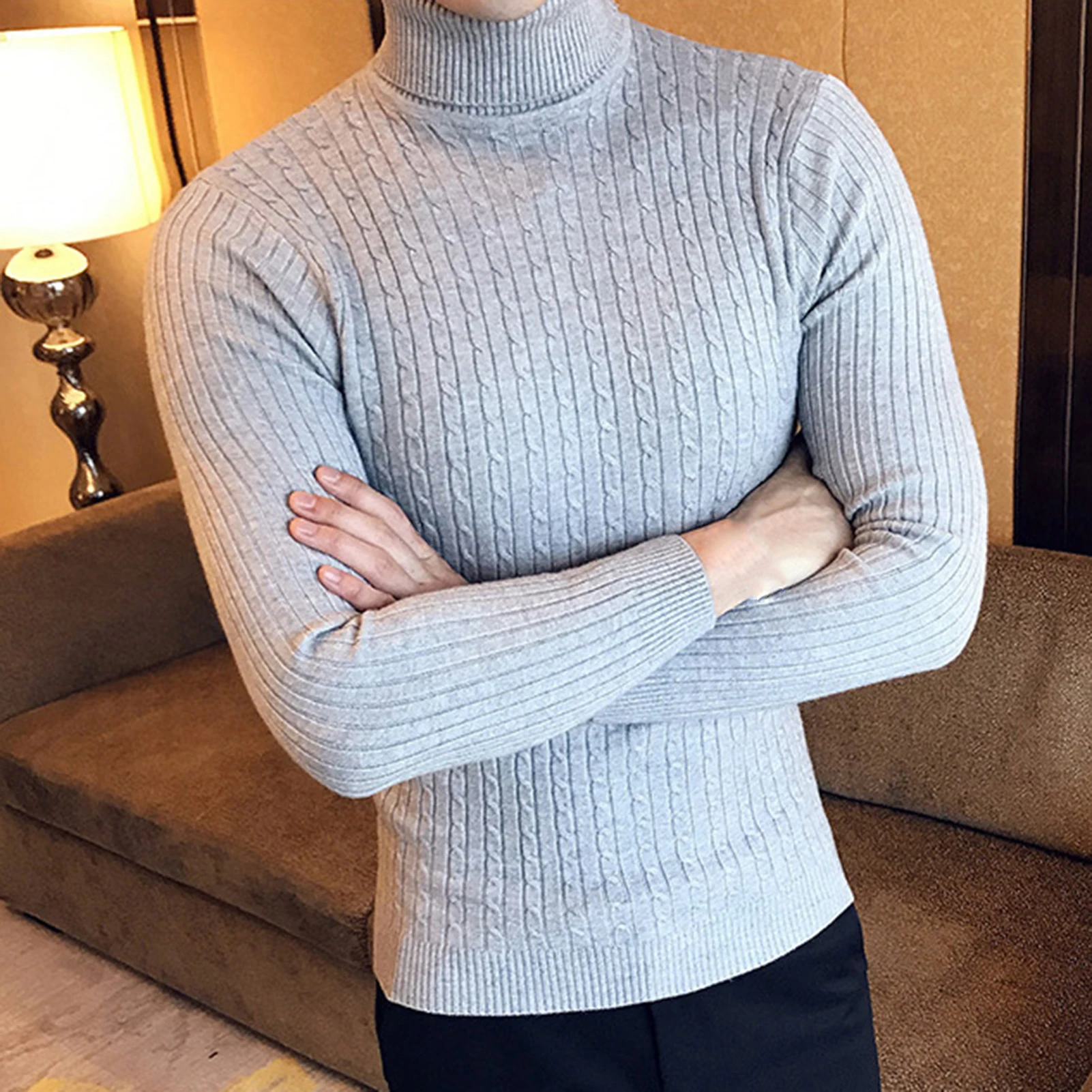 

Men Winter Turtle Neck Long Sleeve Warm Sweater Slim Pullover Twist Knitwear