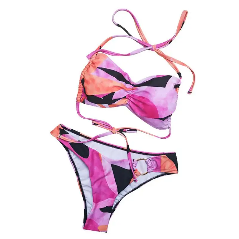 

Sexy New Fashion Style Swimsuit Women Ring Buckle Design Irregular Geometric Print Pattern Bikini Set 2021 Summer Beach Swimwear