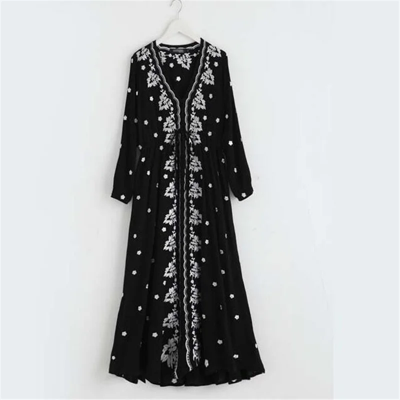 Женская винтажная Этническая туника из хлопка и льна с цветочной вышивкой