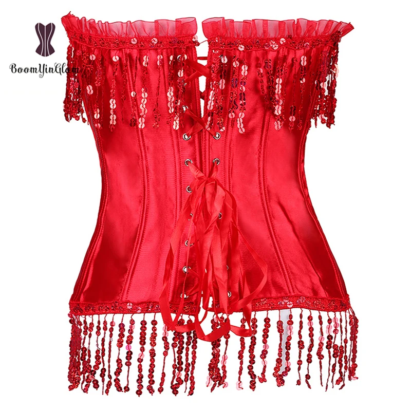 Красный женский винтажный корсет с кисточками без бретелек блестками со