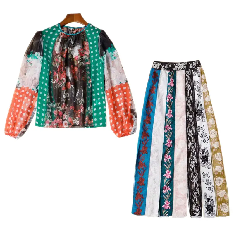 

Runway Fashion 2Pcs Outfits Polka Dots Blouses + Striped High Waist Midi Skirt