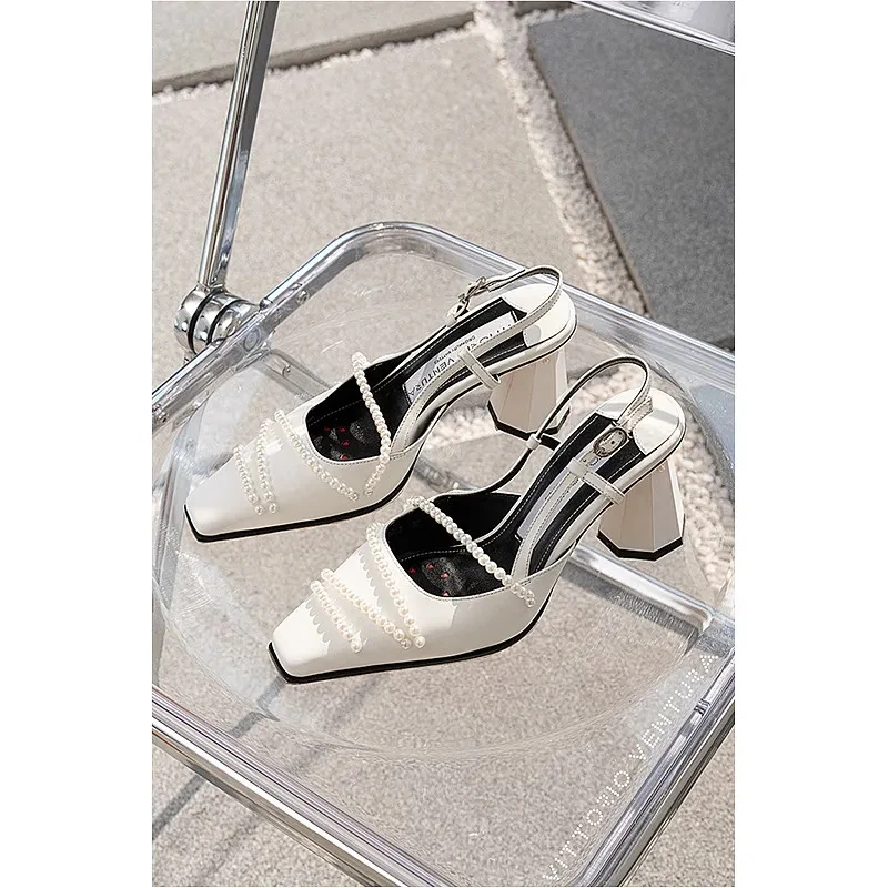 

Summer Square Toe Women Sandals Genuine Leather String Bead High Heels Office Lady Party Casual Fashion New Shoes Woman