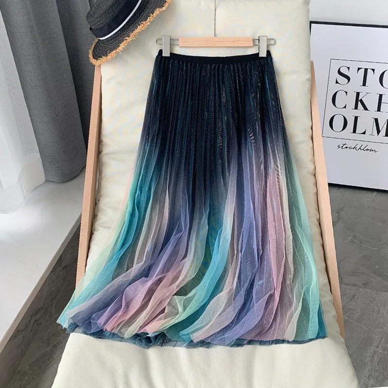 Осень 2020 с эластичной резинкой на талии юбка женская градиент цвета радуги из