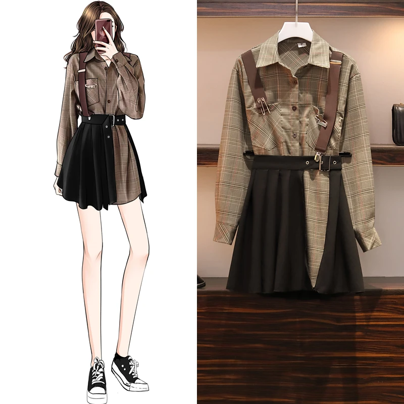 Корейский новый осенний комплект из двух предметов Женская свободная клетчатая
