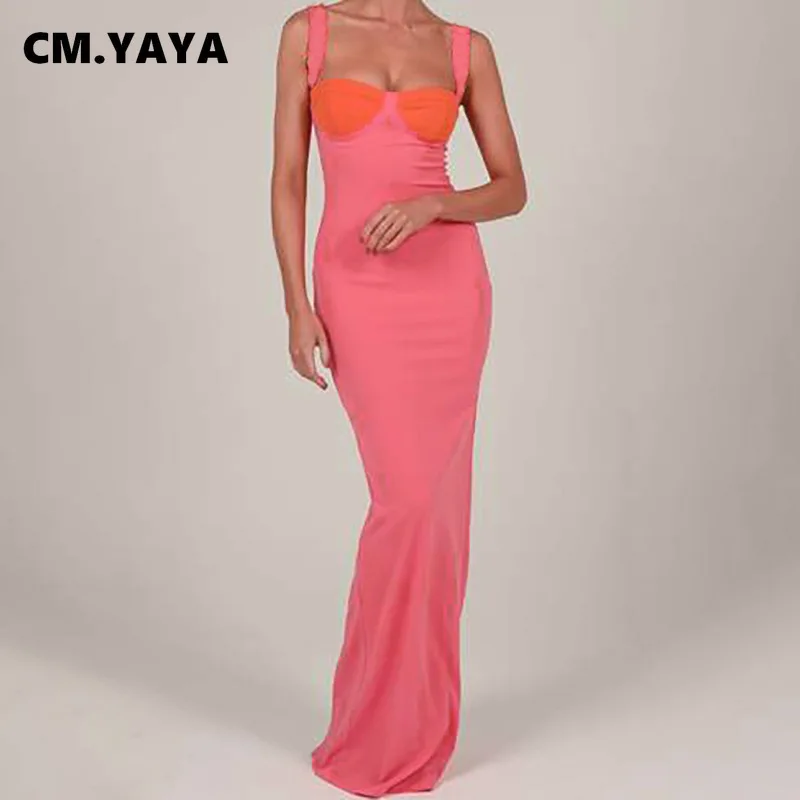 Женское облегающее платье миди CM.YAYA на бретелях-спагетти с высоким разрезом