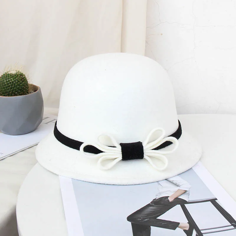 FS Винтаж Черный белый цвет широкими полями фетр Шерсть котелок шапки с бантом