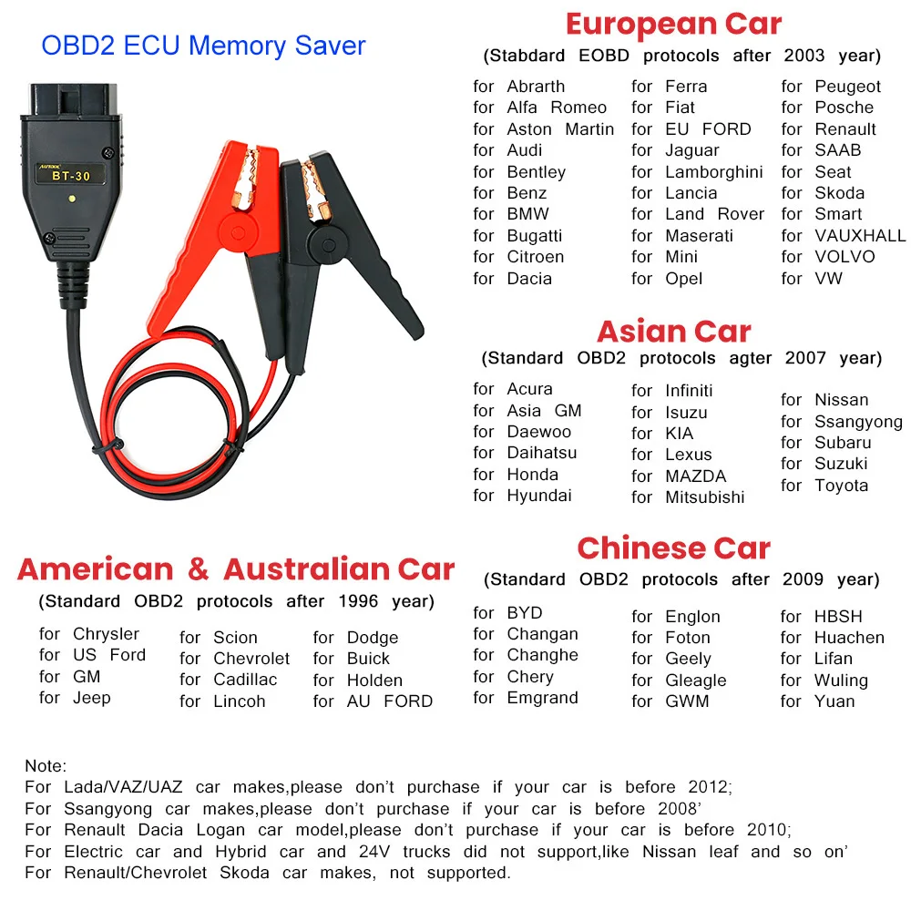 

AOSHIKE Car OBD2 ECU Memory Saver Battery Replacement Tool Automotive OBD2 II Auto Emergency Power Supply Connector Cable BT-30