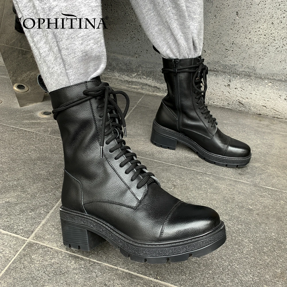 

SOPHITINA Women Boots Fashion Comfortable High Quality Handmade Mid-Calf Boots Autumn Winter Zipper Lace-Up Shoes Women MO701